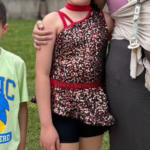 Girls' Red Sequin Dance Costume with Skirt
